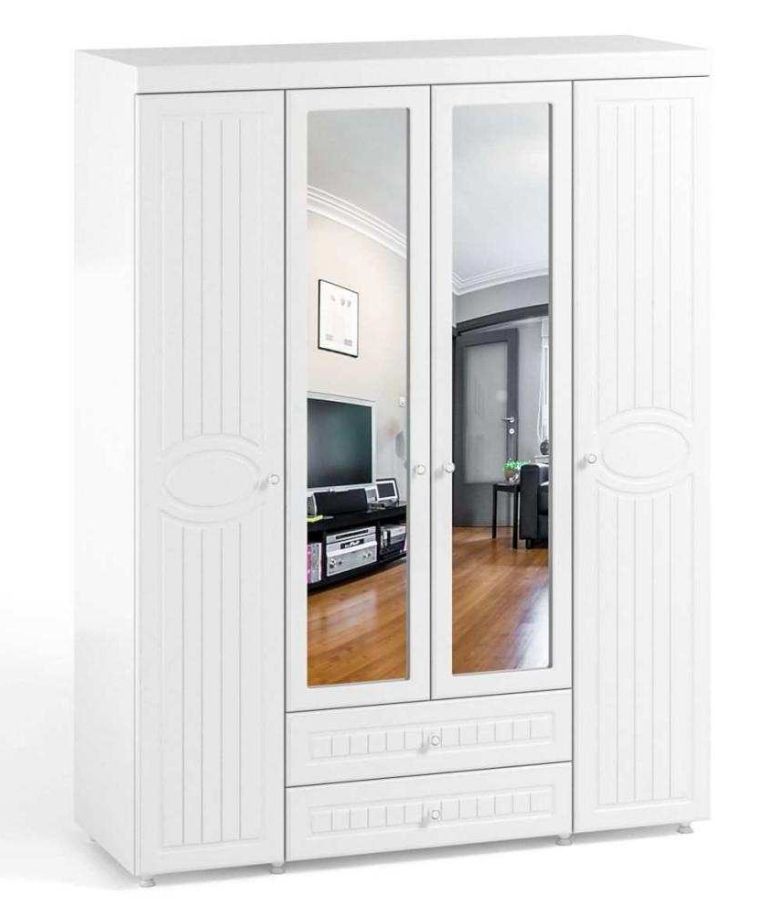 

Шкаф четырехдверный (560) с 2 зеркалами и ящиками Катрин-К МН-63 Монако белое дерево, Белый, МН-63 Монако