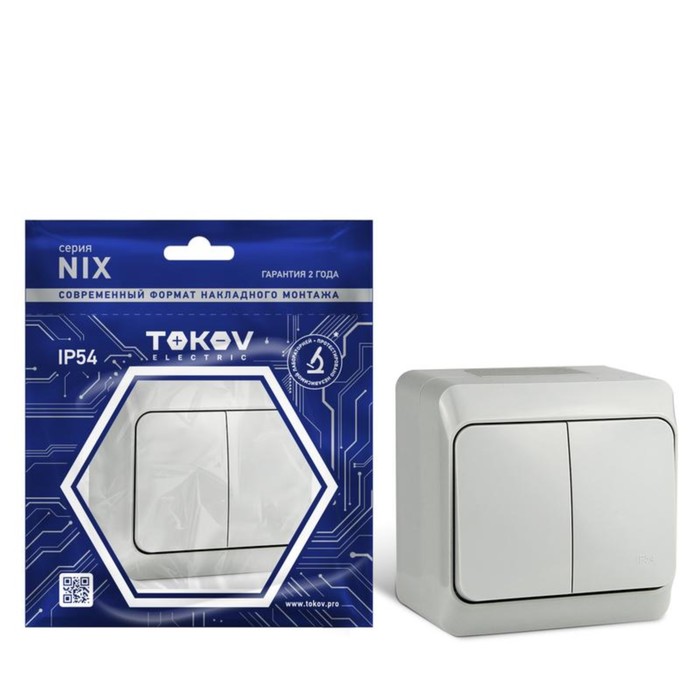 фото Выключатель tokov electric, nix, 2 клавиши, 10а, ip54, 250в, серая, tke-nx-v2-c06-ip54