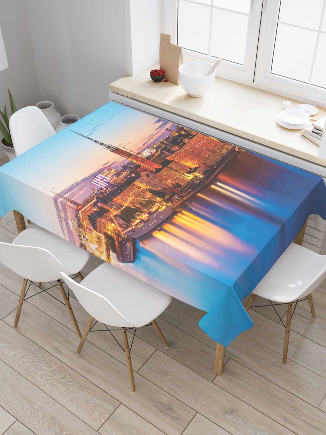 

Скатерть прямоугольная JoyArty "Вечерний город у реки" из оксфорда, 180x145 см, Синий, Вечерний город у реки