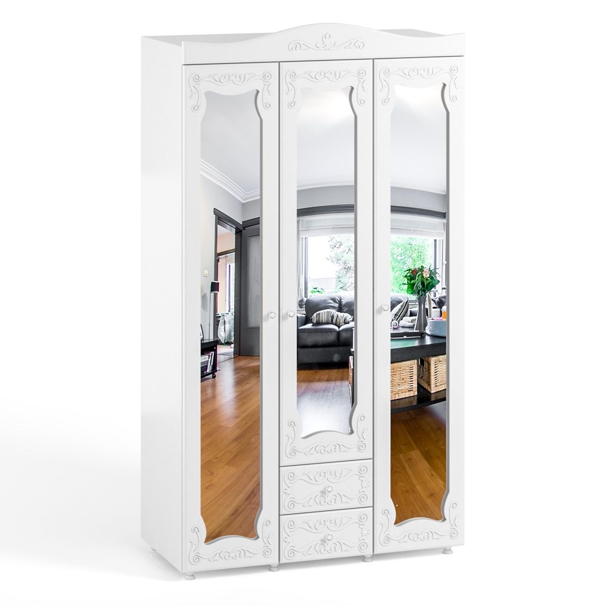 

Шкаф (560) с 3 зеркальными дверьми и ящиками Катрин-К ИТ-58 Италия белое дерево, Белый, ИТ-58 Италия