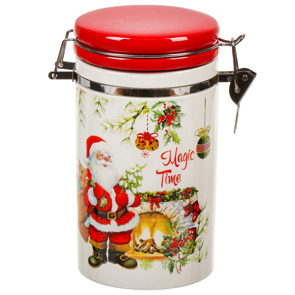 

Банка для сыпучих продуктов, доломит, 0.75 л, с крышкой, Daniks, Magic time, белая, Белый;красный