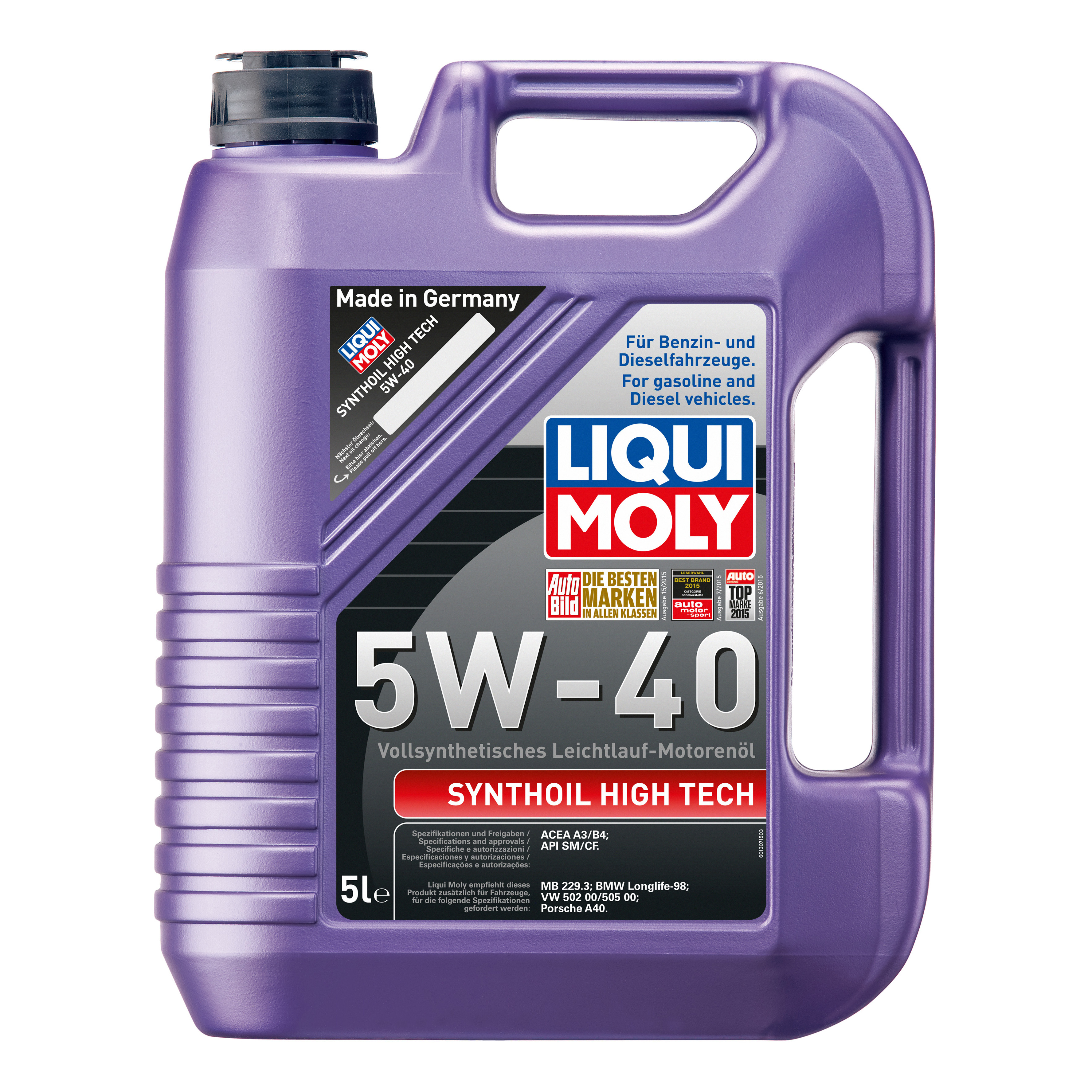 фото Liqui moly масло моторное синтетическое high tech 5w40 api sn, acea a3/b4 5л