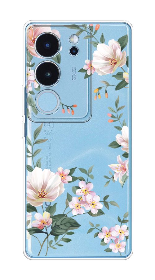 

Чехол на Vivo V29 "Beautiful white flowers", Бежевый;зеленый, 269350-1