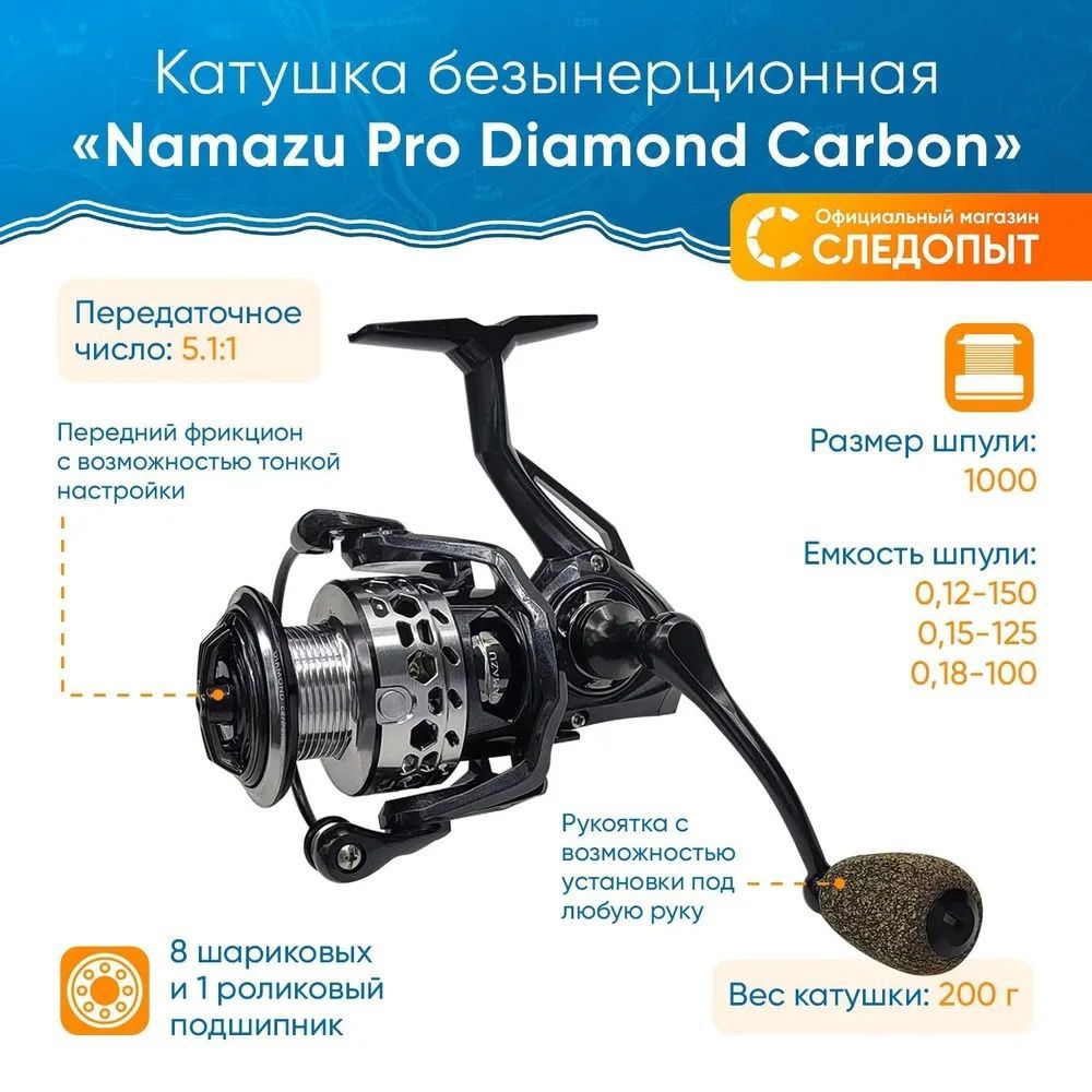 Катушка для спиннинга безынерционная Pro Diamond Carbon DC1000 , 8+1 подш., метал. шпуля