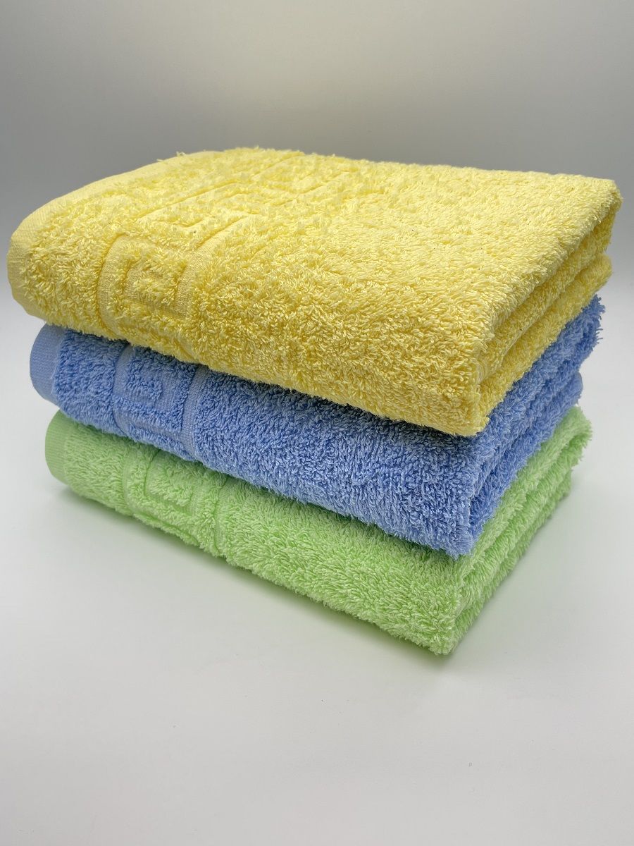фото Комплект махровых полотенец для лица и тела 50х90 (3 шт.) "салатовый+голубой+желтый" tm textile