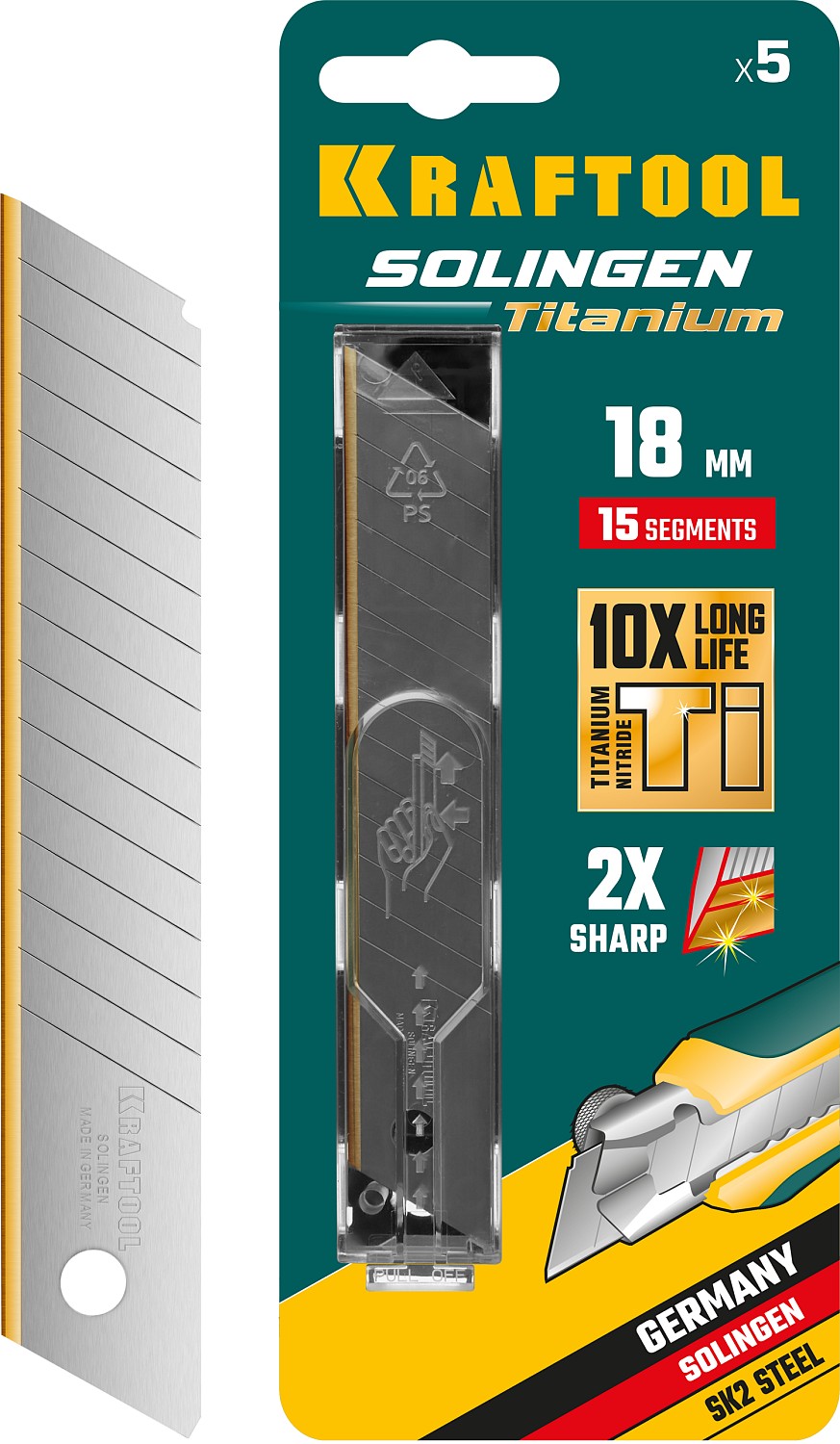 KRAFTOOL SOLINGEN Titanium 18 мм лезвия сегментир. с покрытием TiN, 15 сегментов, 5 шт