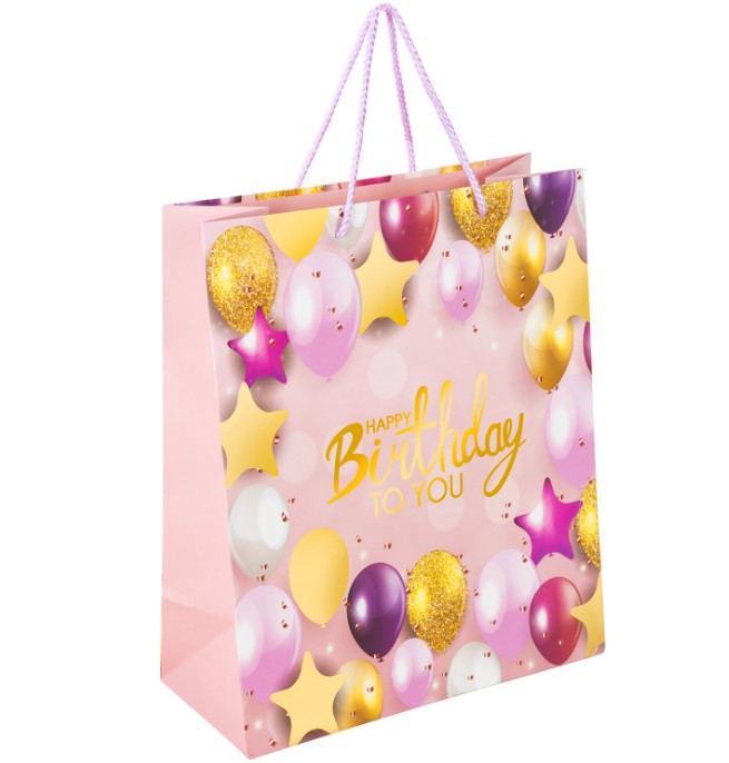 

Пакет подарочный Золотая Сказка "Happy Birthday", фольга, розовый 26,5x12,7x33 см, 12 штук