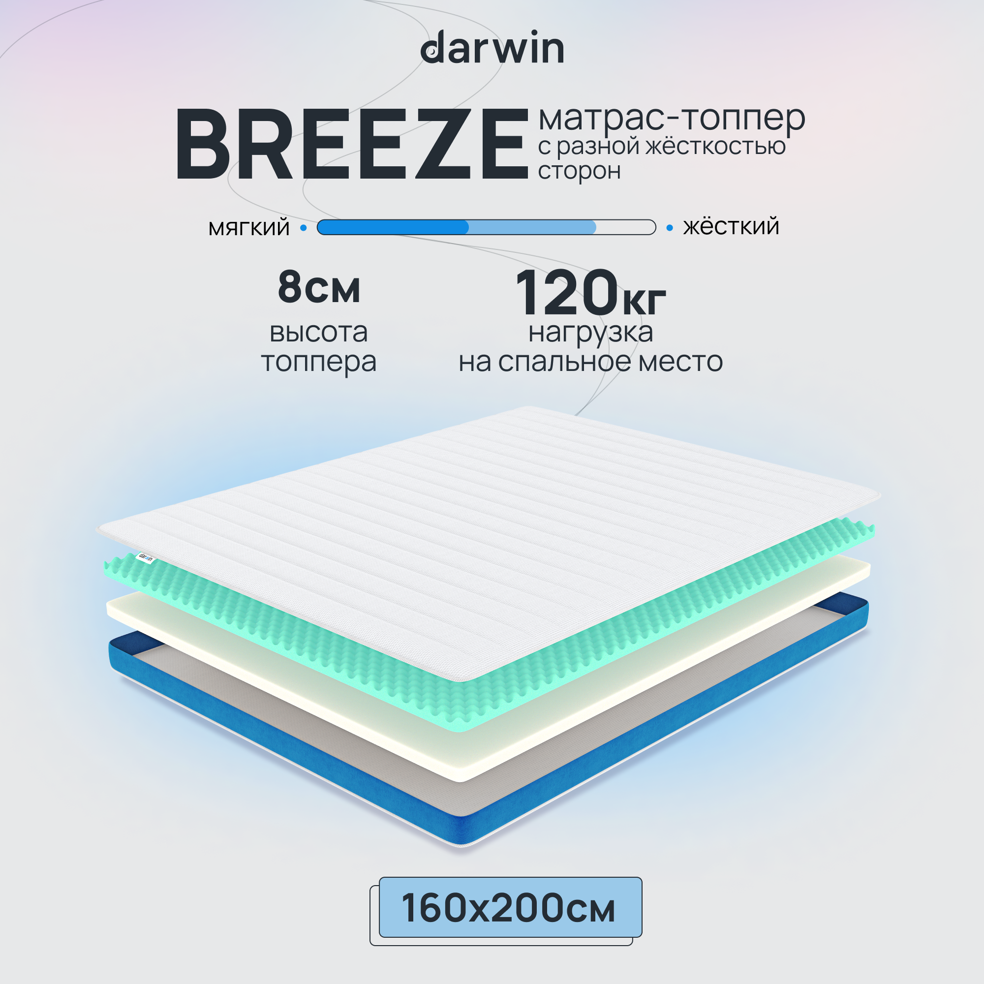 Матрас-топпер беспружинный Darwin Breeze 160x200, 8 см высота, белый