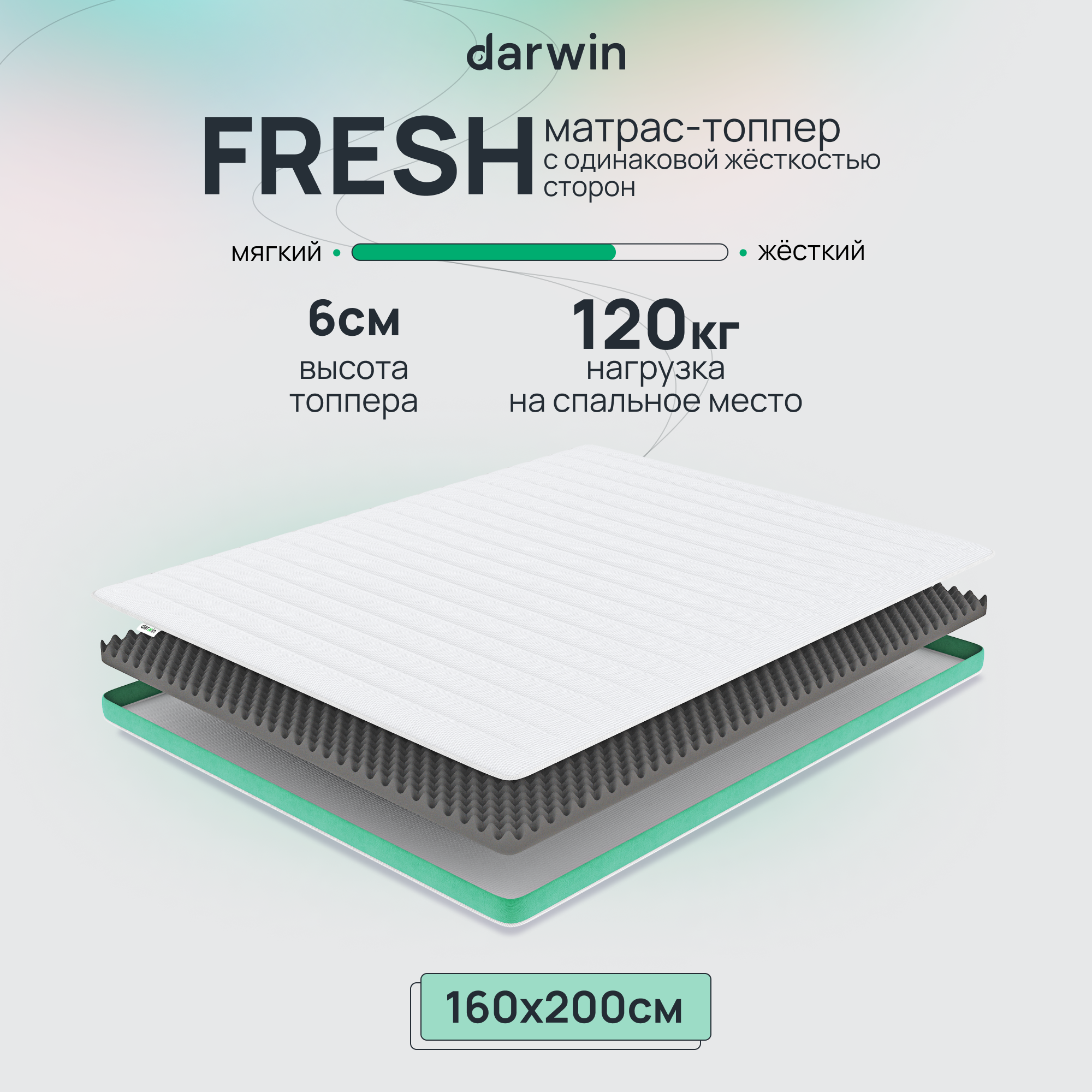 фото Матрас-топпер беспружинный darwin fresh 160х200, 6 см высота, белый