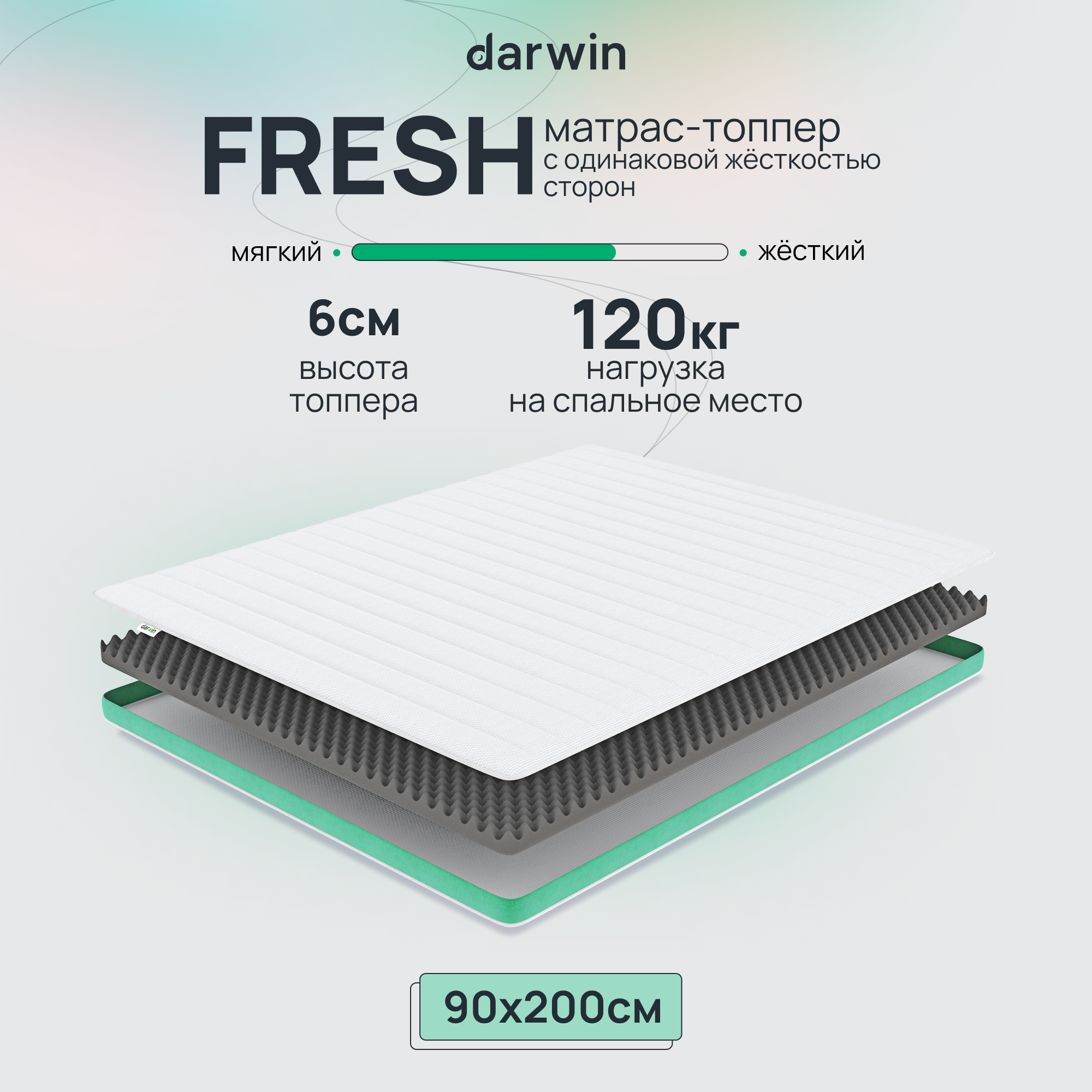 фото Матрас-топпер беспружинный darwin fresh 90х200, 6 см высота, белый