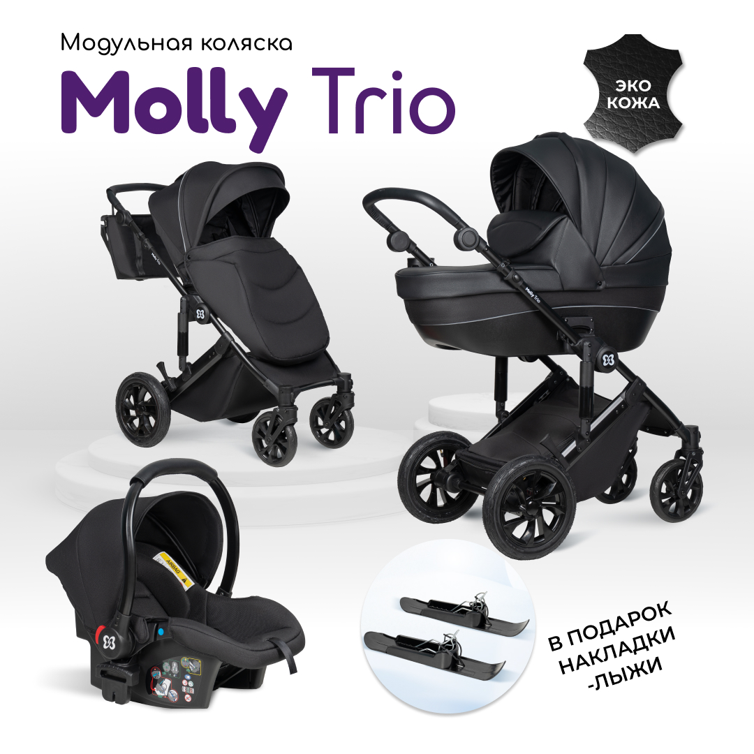 Коляска детская 3в1 Farfello модульная для новорожденных Molly Trio, Черный коляска модульная 3 в 1 farfello baby shell с рождения до 3 лет bbs 001