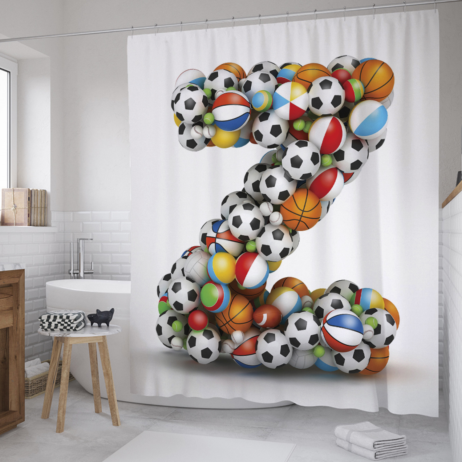 

Штора для ванной JoyArty "Буква Z из мячей" из сатена, 180х200 см с крючками, Белый, Буква Z из мячей