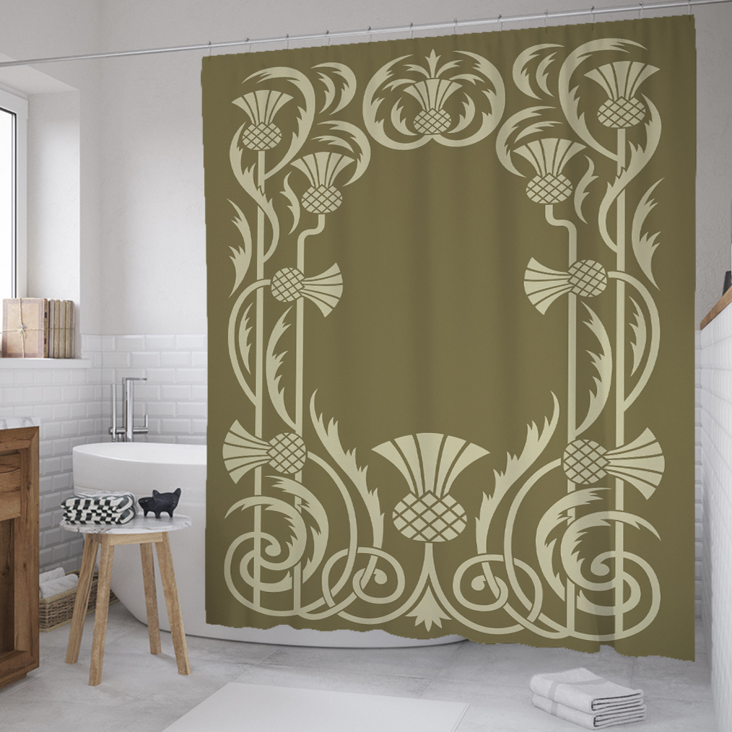 

Штора для ванной JoyArty "Чертополох в узоре" из сатена, 180х200 см с крючками, Чертополох в узоре