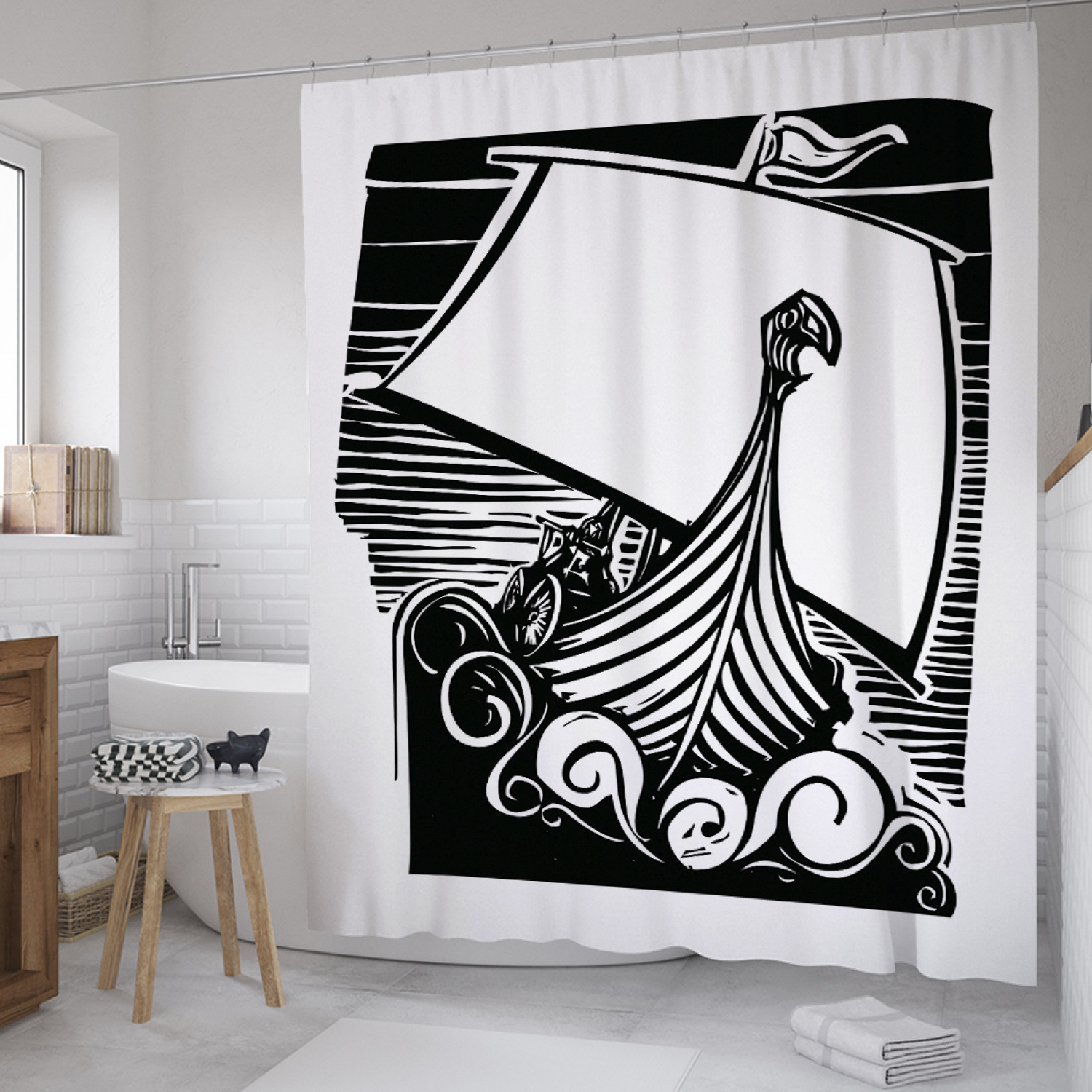 

Штора для ванной JoyArty "Корабль викингов" из сатена, 180х200 см с крючками, Белый, Корабль викингов