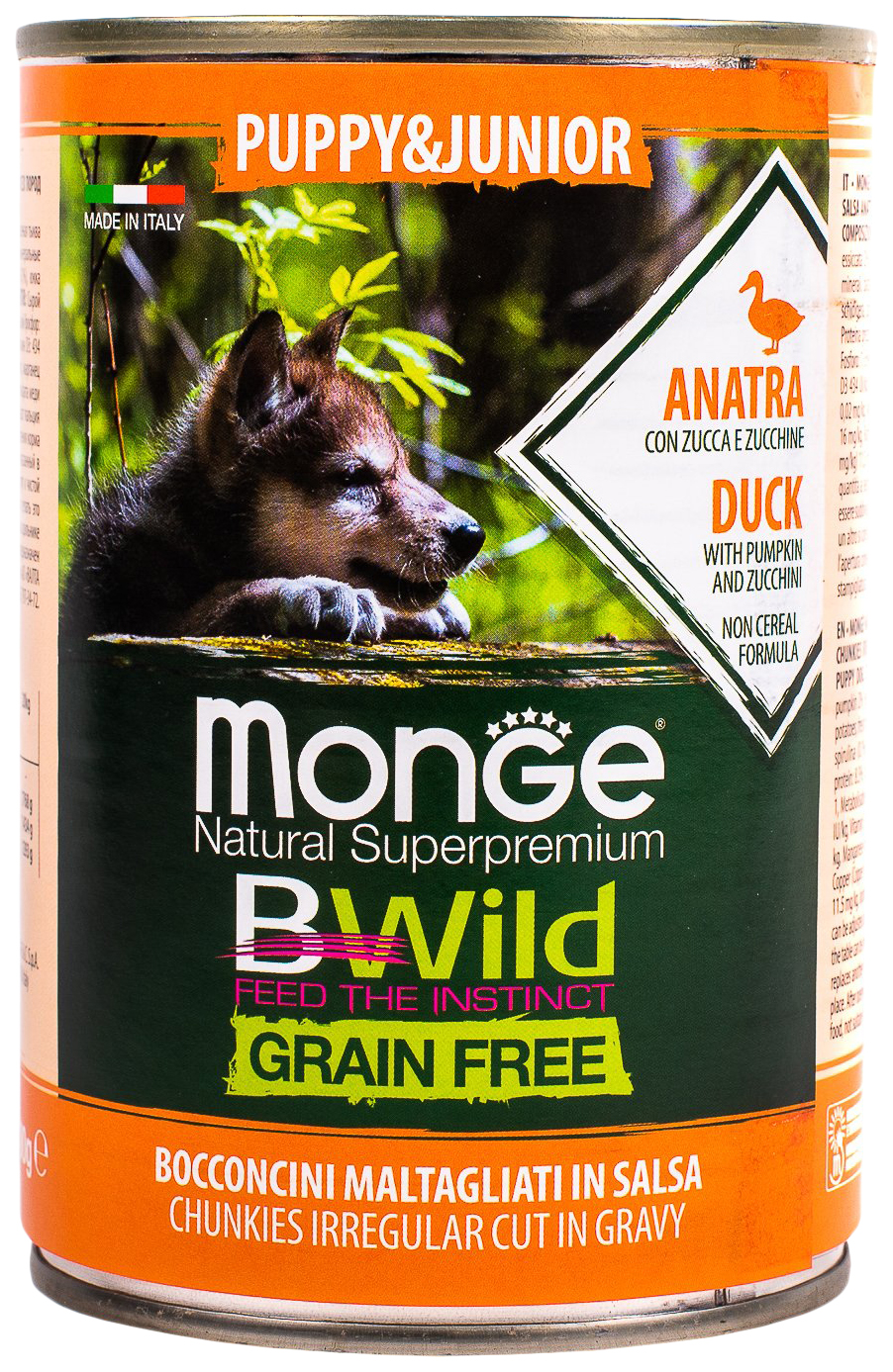 

Консервы для щенков Monge BWild Grain Free утка с тыквой и кабачками, 400 г