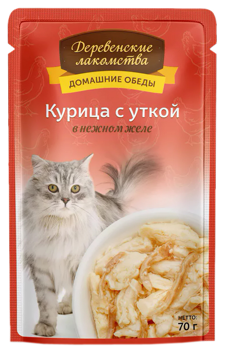 

Влажный корм для кошек Деревенские лакомства курица с уткой, 70 г, Домашние обеды