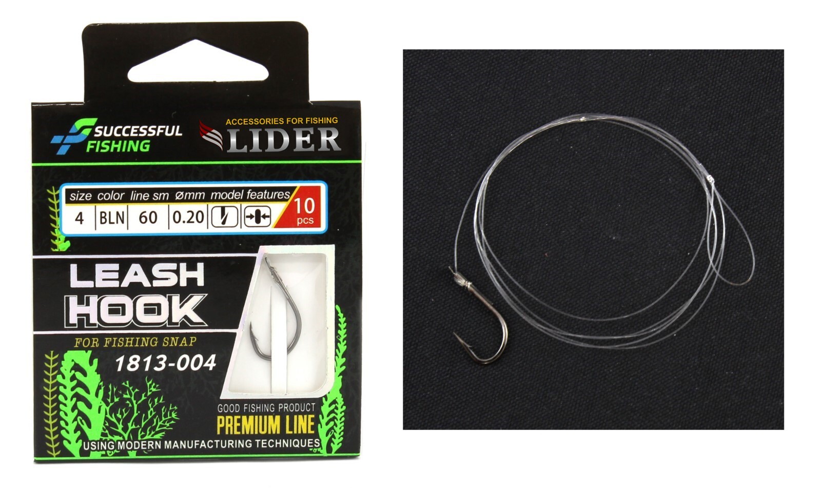 Крючки с поводком LIDER LEASH HOOK кр. №4 BLN леска D-0.20мм L-60см 10 шт