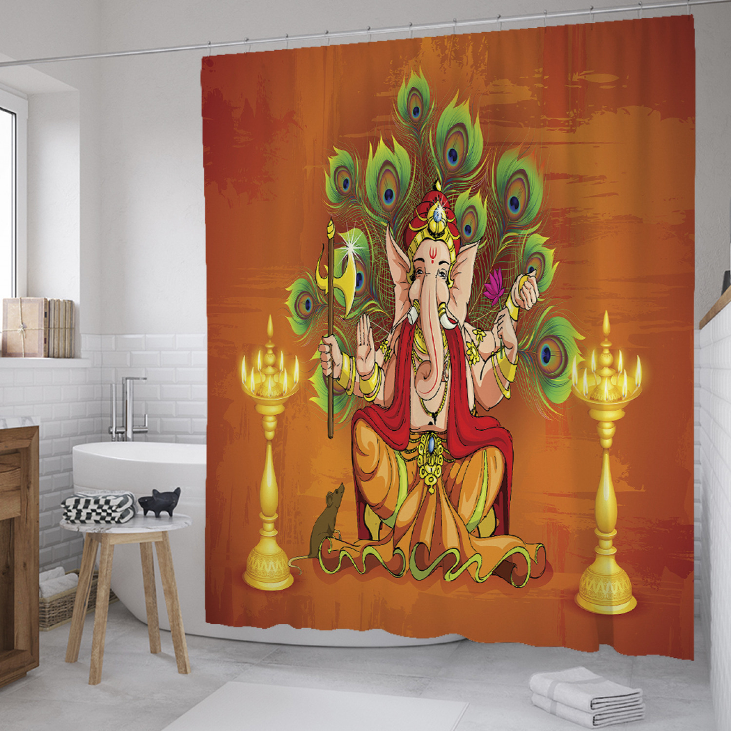 

Штора для ванной JoyArty "Ганеша с павлиньим хвостом" из сатена, 180х200 см с крючками, Ганеша с павлиньим хвостом