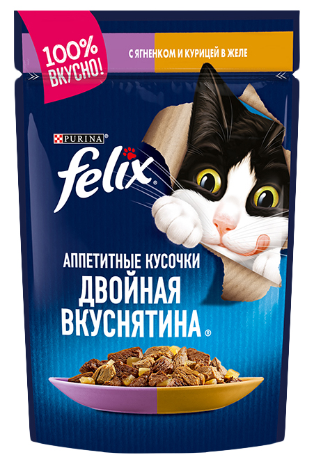 фото Влажный корм для кошек felix с ягненком и курицей в желе, повседневный, 85 г