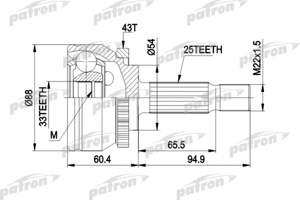 

ШРУС наружн к-кт 25x54x33 ABS:43T VOLVO: S40 I 98-03, V40 универсал 98-04 PATRON PCV3416