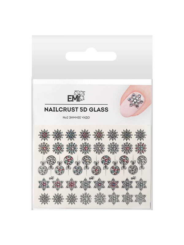 Наклейки Для Дизайна Ногтей Emi Nailcrust 5d Glass №2 Зимнее Чудо новогодние снежинки и ёлочные шарики