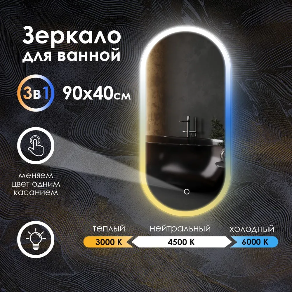 

Зеркало для ванной Maskota Elen с фронтальной подсветкой по краю 3в1, 90см х 40см, Белый;голубой;желтый, Elen-pes2