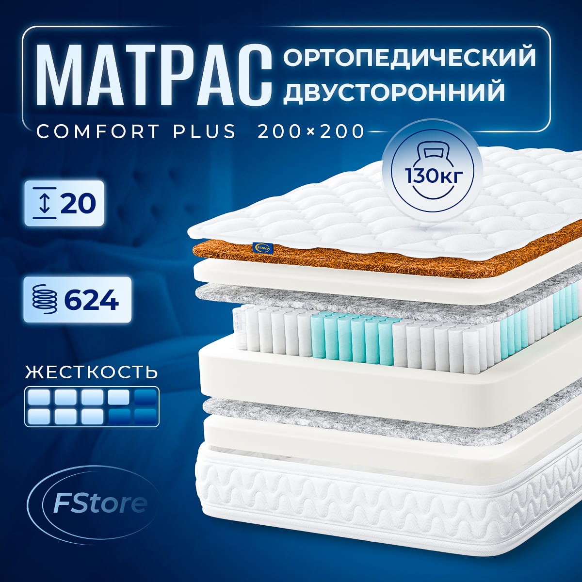 

Ортопедический матрас FStore Comfort Plus, Независимые пружины, 200х200 см, Белый, Comfort Plus