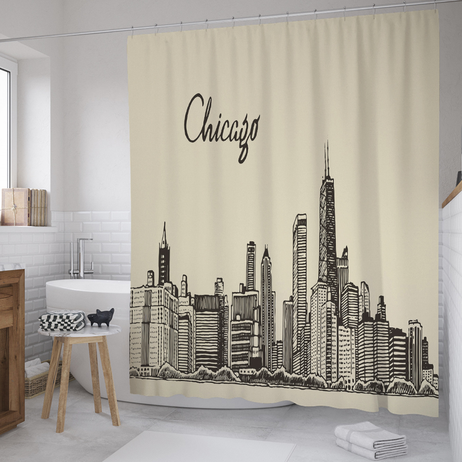 

Штора для ванной JoyArty "Чикаго ретро" из сатена, 180х200 см с крючками, Бежевый, Чикаго ретро