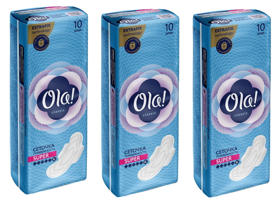 

Комплект OLA! CLASSIC WINGS SUPER Прокладки впитыв. сеточка 10 шт/упак.х3 упак., Комплект OLA! CLASSIC WINGS SUPER Прокладки жен. гигиен. впитыв. сеточка 10 шт/упак.х3 упак.