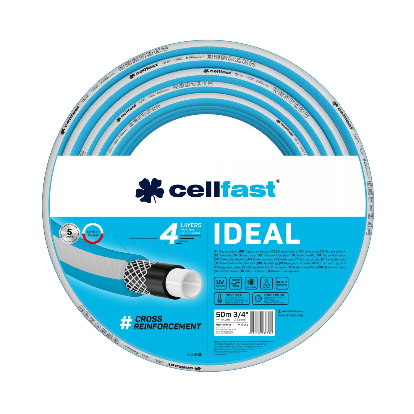 Садовый шланг 4 слоя Cellfast 10-262 50 м Садовый шланг 4 слоя IDEAL 3/4" 50 m Cellfast 10-262 голубой