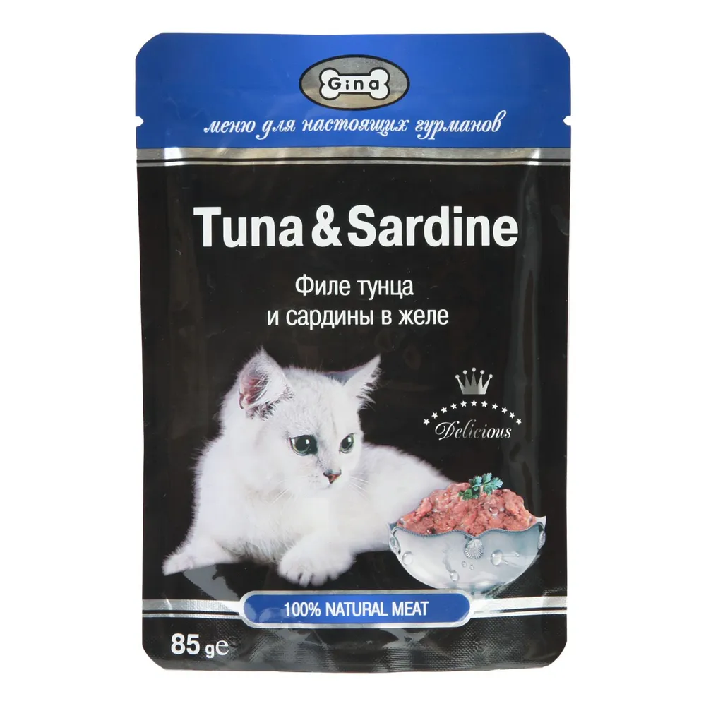 фото Влажный корм для кошек gina tuna & sardine тунец с сардинами в желе, 4 шт по 85 г