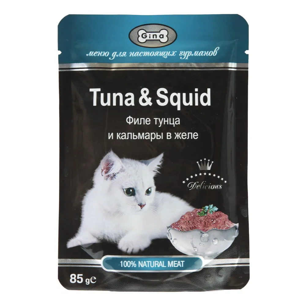 Влажный корм для кошек Gina Tuna & Squid тунец с кальмаром в желе, 4 шт по 85 г