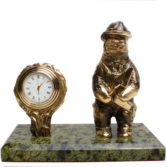 фото Настольные часы "медведь-строитель" из бронзы и змеевика (златоуст) nobrand