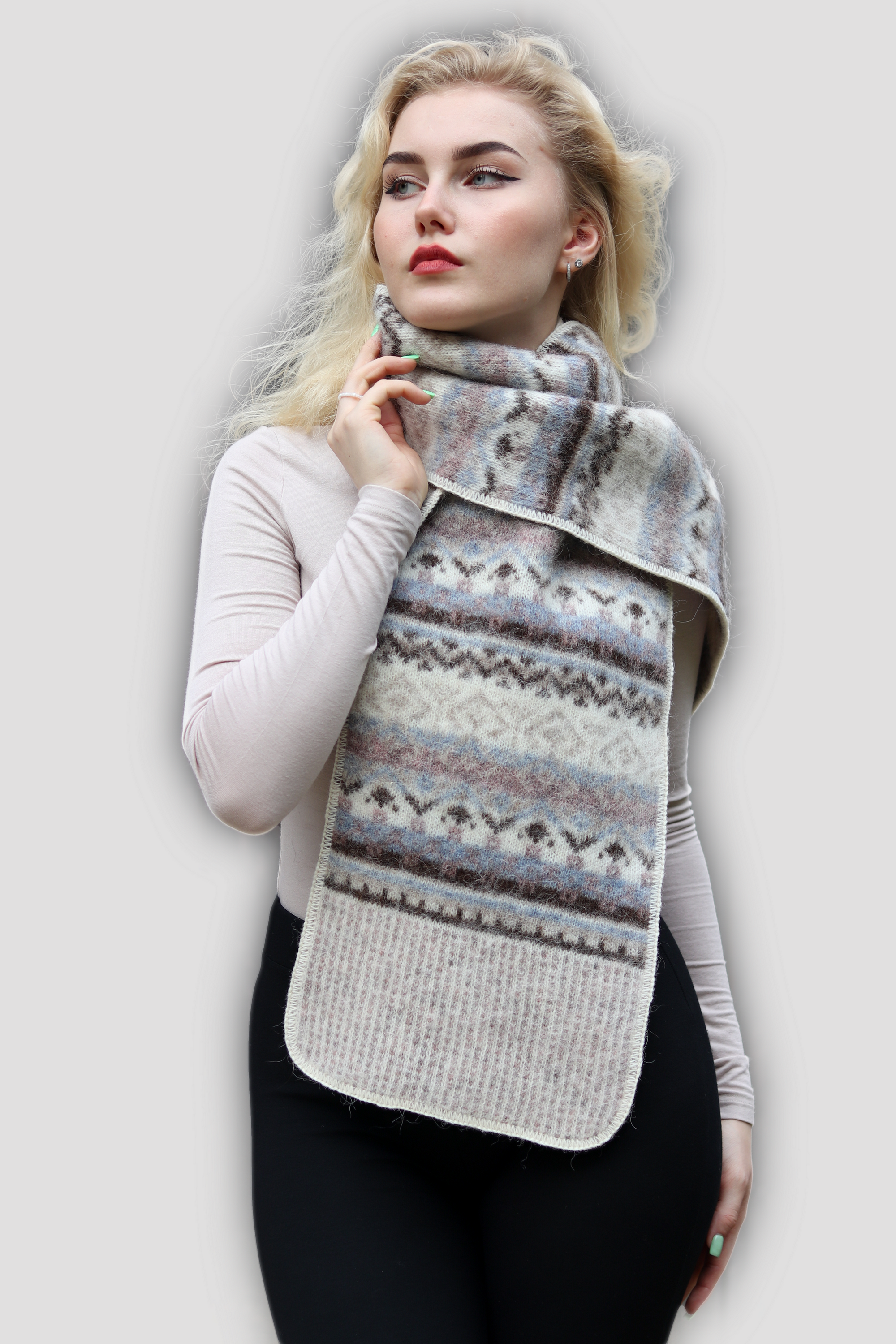 Шарф женский Freyja 912 бежевый/голубой, 120х18 см