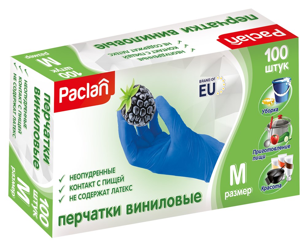 Перчатки Paclan  виниловые, голубые, р-р M, 100 шт в упаковке