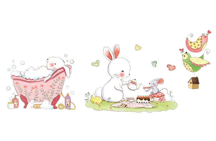 Комплект настенных наклеек кролик в ванне, кролик пьёт чай с мышкой, две птички