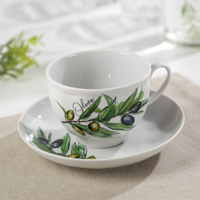 

Чайная пара фарфоровая «Оливки», 275 мл, чашка d=9,2 см, блюдце d=15,1 см, рисунок МИКС, Белый