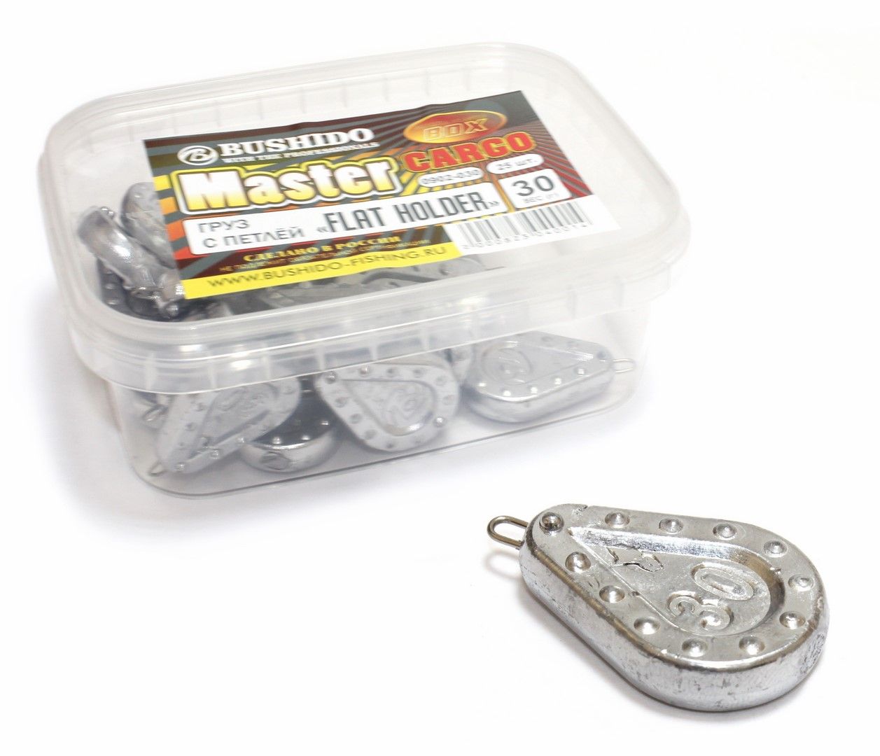 

Груз рыболовный BUSHIDO FLAT HOLDER с петлей 30гр уп.25шт, для рыбалки, Серебристый