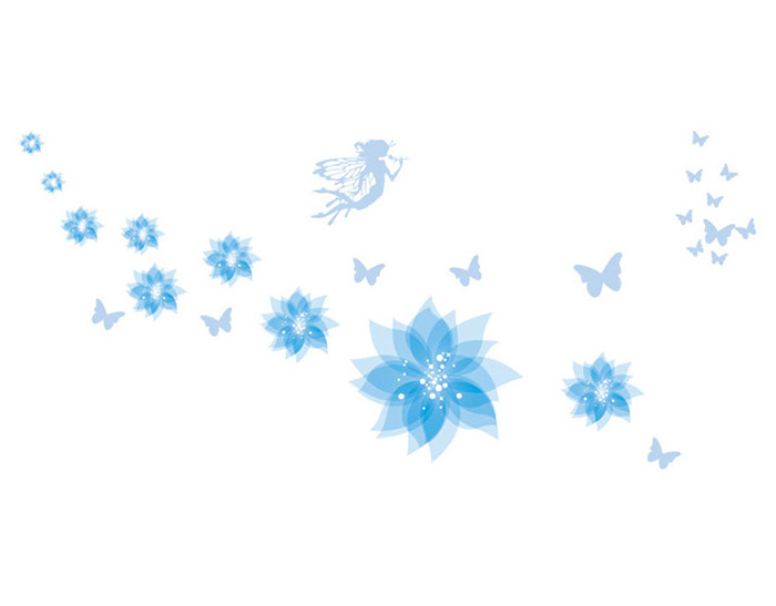 Наклейки на стены Голубые цветы, фея и бабочки