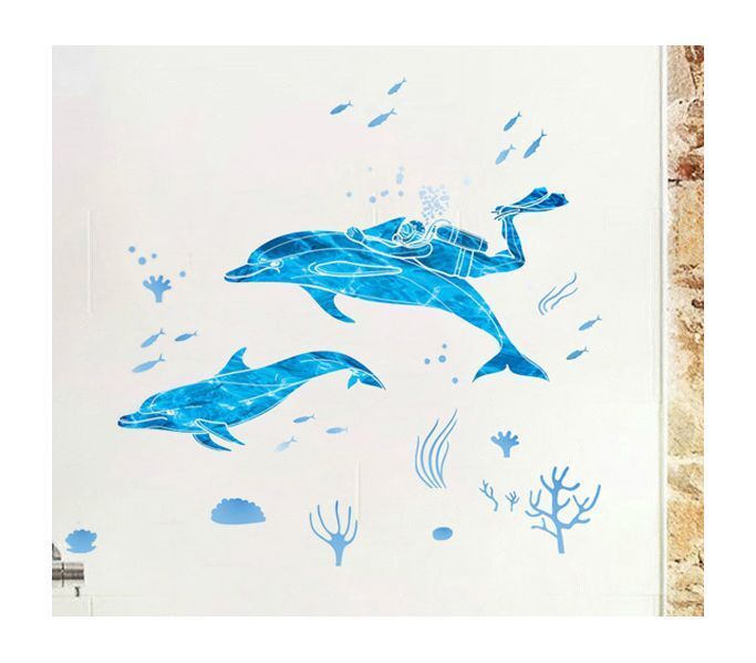 фото Комплект наклеек на стену два дельфина с аквалангистом и водоросли fachion stickers