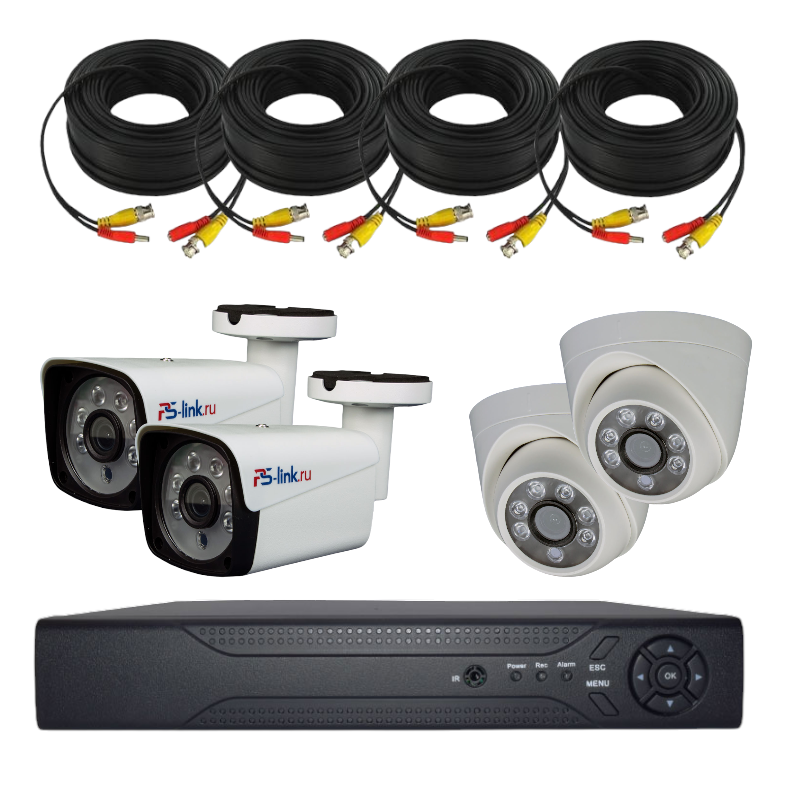 Комплект видеонаблюдения AHD 5Мп Ps-Link KIT-B504HD 2 камеры для помещения 2 для улицы видеорегистратор 2 камеры с gps hd 1280х480p tft 2 7 угол обзора 120 гр