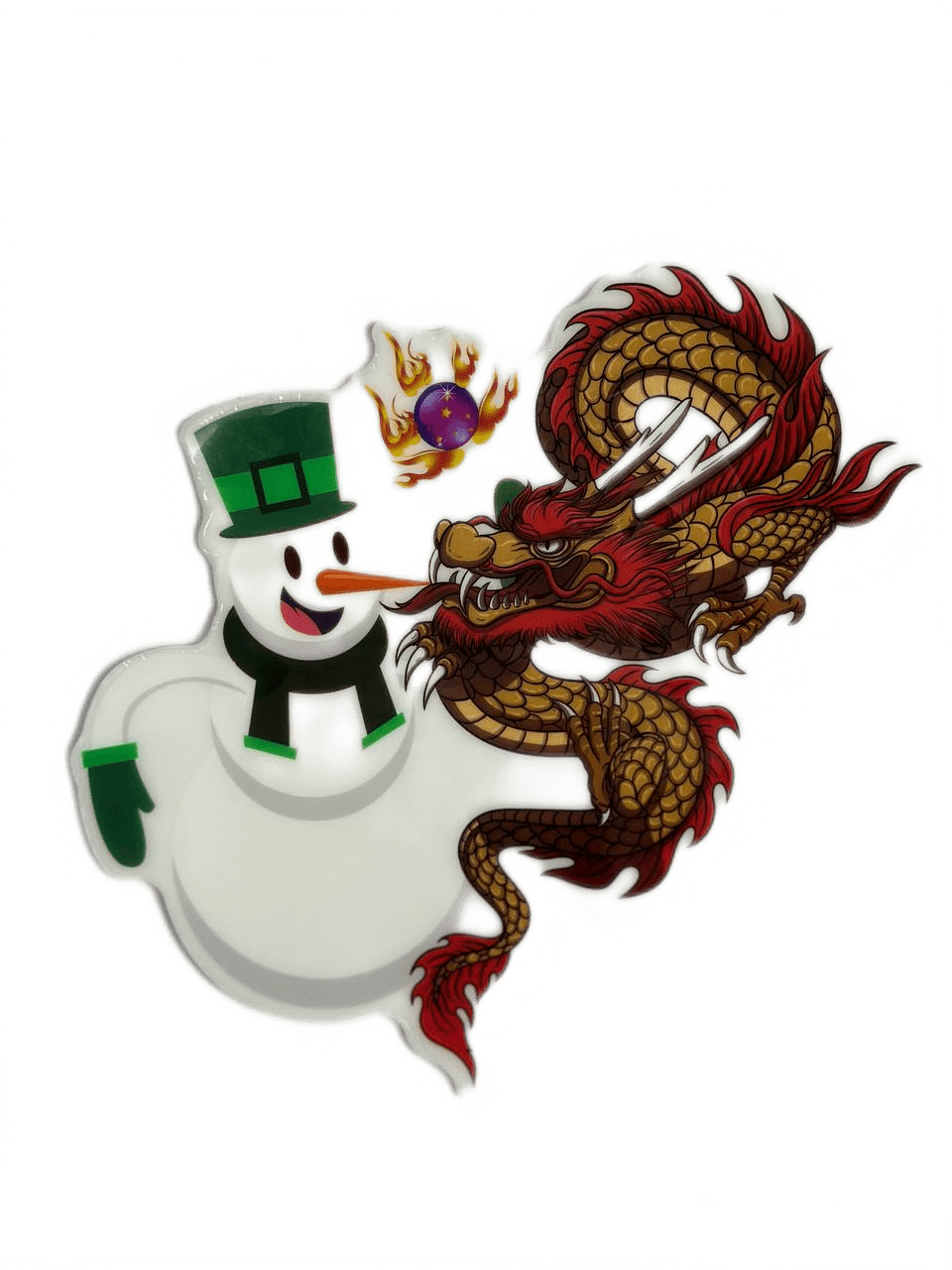 Новогодняя наклейка на окно Merry Christmas Красный Дракон со Снеговиком в зелёной шляпе