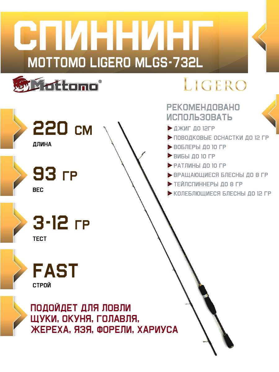 Спиннинг Mottomo Ligero MLGS-732L 220см/3-12g