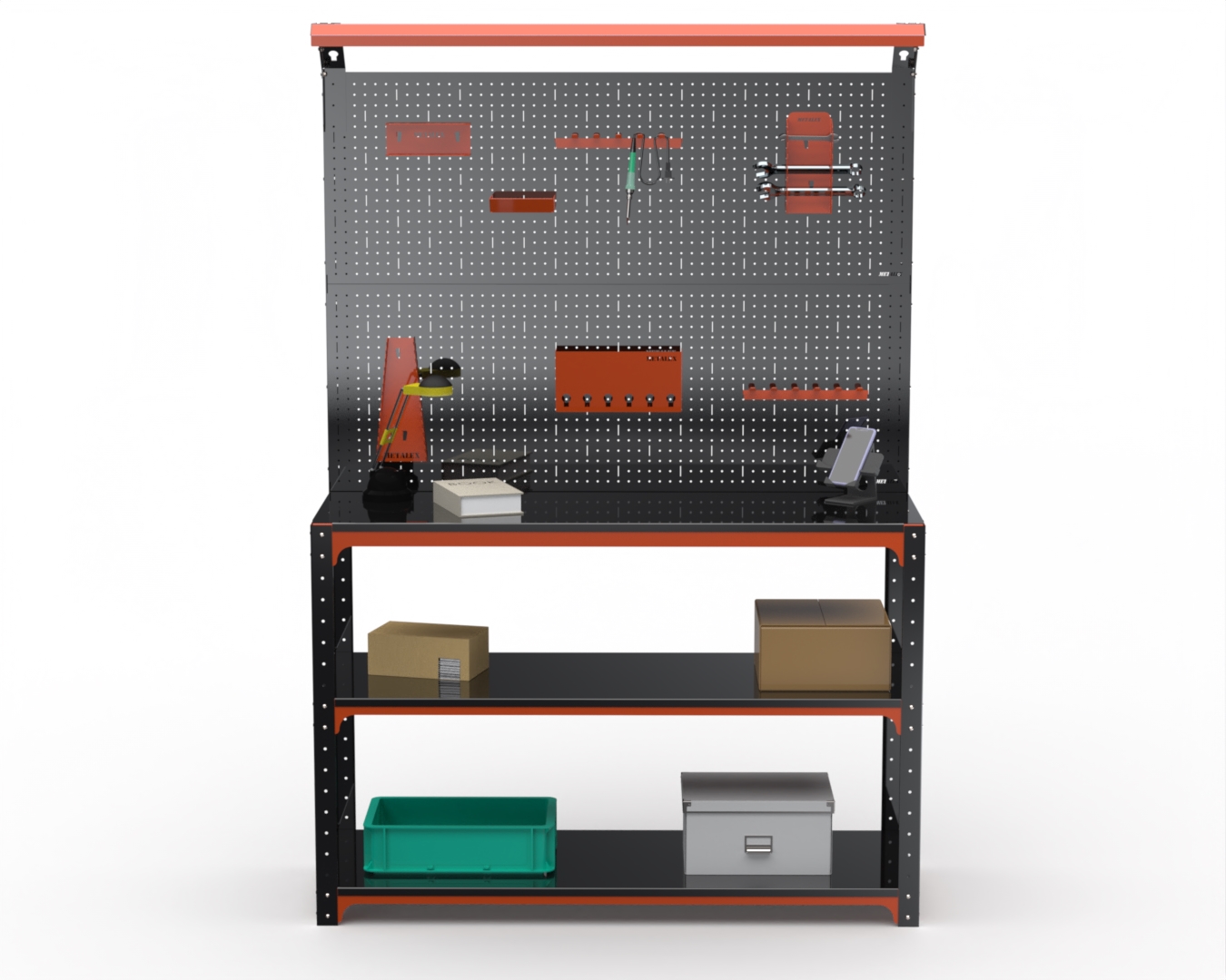 

Стол-верстак Metalex 204825 KIT 950х1200х400 2-е полки, двойная перфопанель, освещение, Оранжевый;черный
