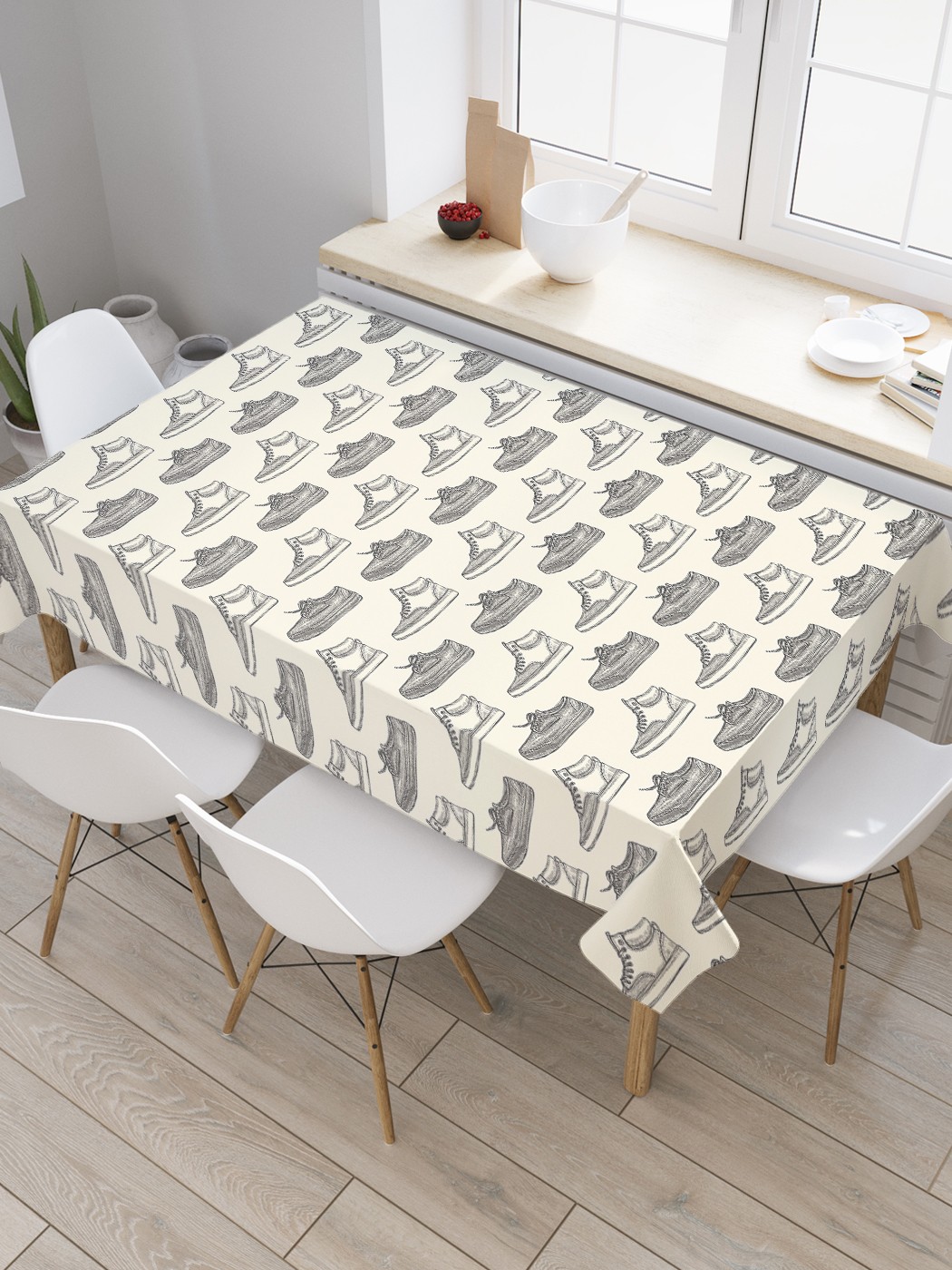 фото Скатерть прямоугольная joyarty "графическая обувь" из сатена, 120x145 см