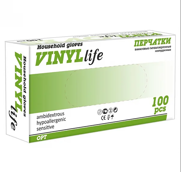 фото Перчатки виниловые гипоалергенные неопудренные householde gloves vinyl life р.м 100 шт. household gloves