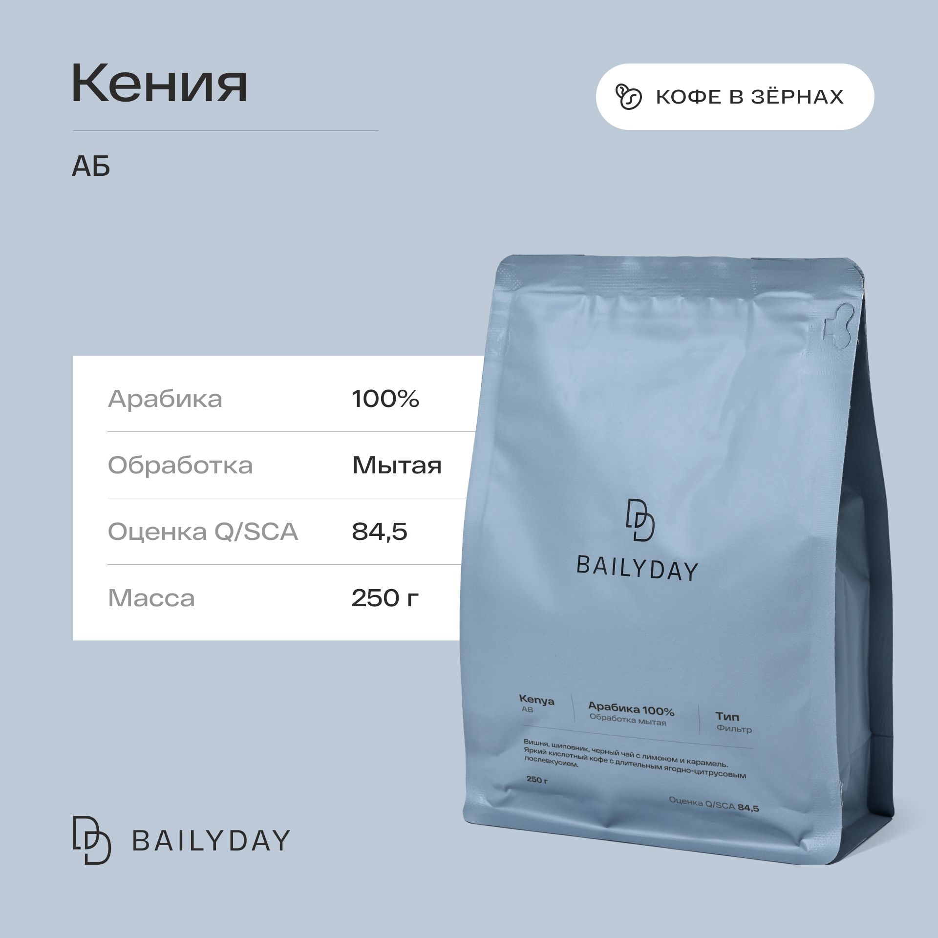 Кофе в зернах Кения АБ Bailyday 100% арабика, обжарка под фильтр, 250 г