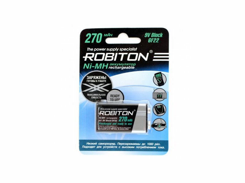 Аккумулятор Robiton 9V Крона, 6F22 (Ni-MH, 270 mAh) аккумулятор robiton lp603450 3 7v 1100mah pk1 lp1100 603450 14692