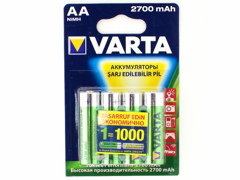 

Аккумуляторы типа AA VARTA HR06 (комплект 4 штуки) 2700mAh, AA, AM3, E91, HR06, HR6-2BL, LR6