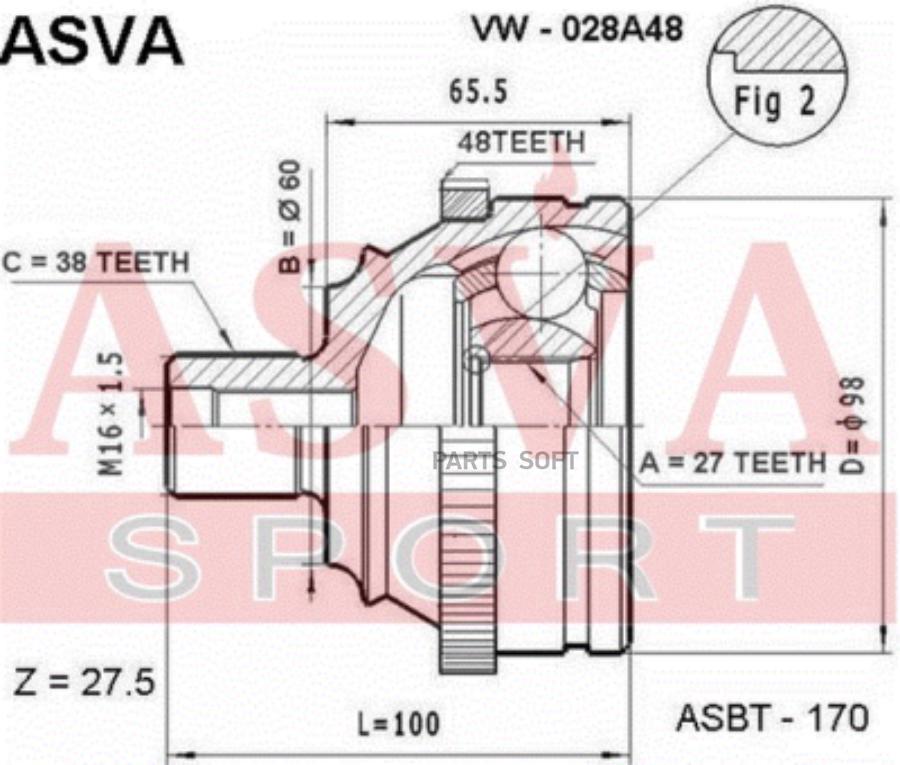 

Шрус Наружный 27x60x38 ASVA арт. VW-028A48